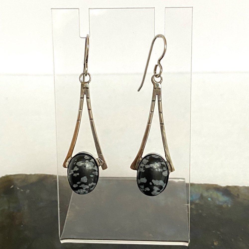 Sterling Silver 925 Modernist 2" Oval Snowflake Obsidian Etched Dangle Earrings